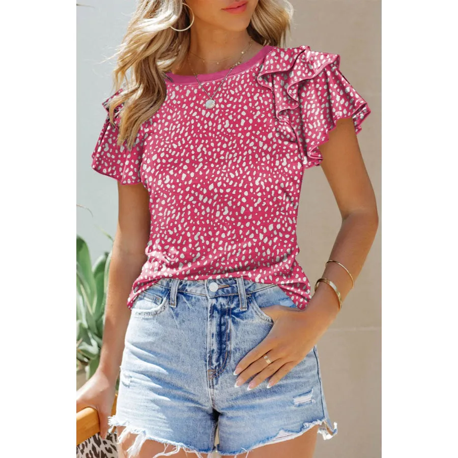 Ruffled Printed Round Neck Short Sleeve Blouse