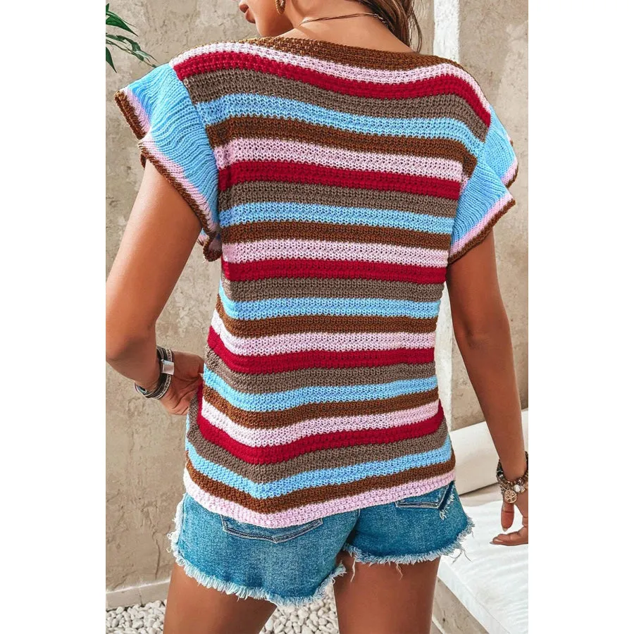 Ruffled Striped V-Neck Cap Sleeve Knit Top