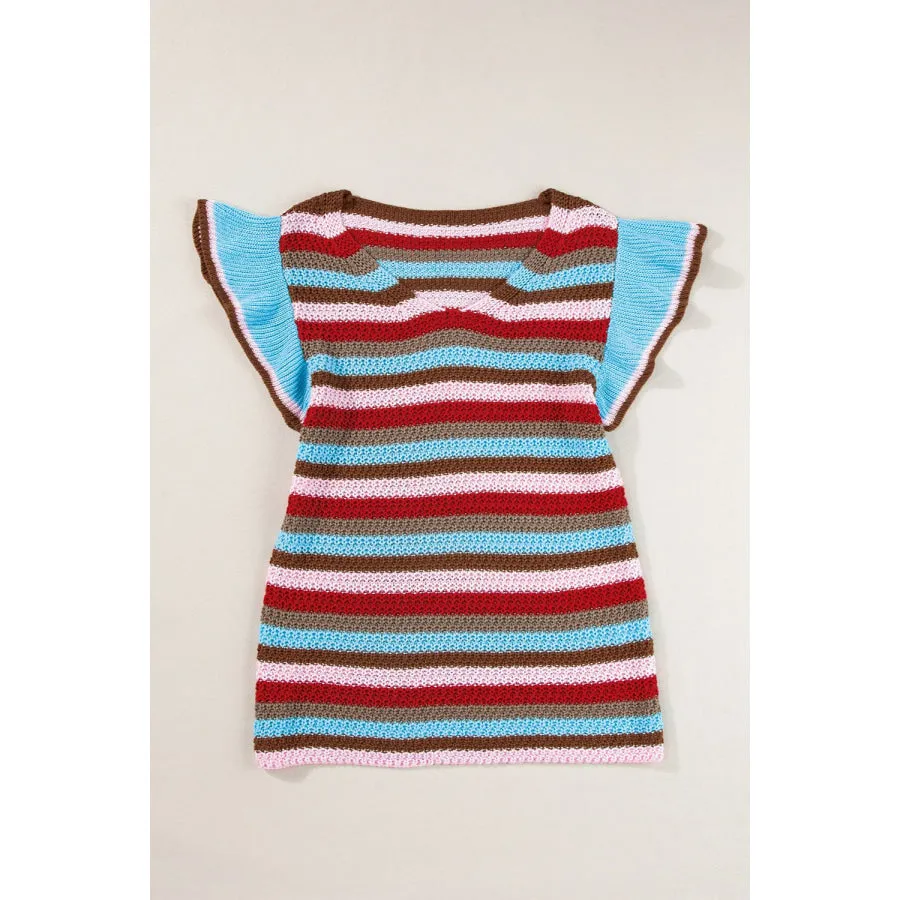 Ruffled Striped V-Neck Cap Sleeve Knit Top