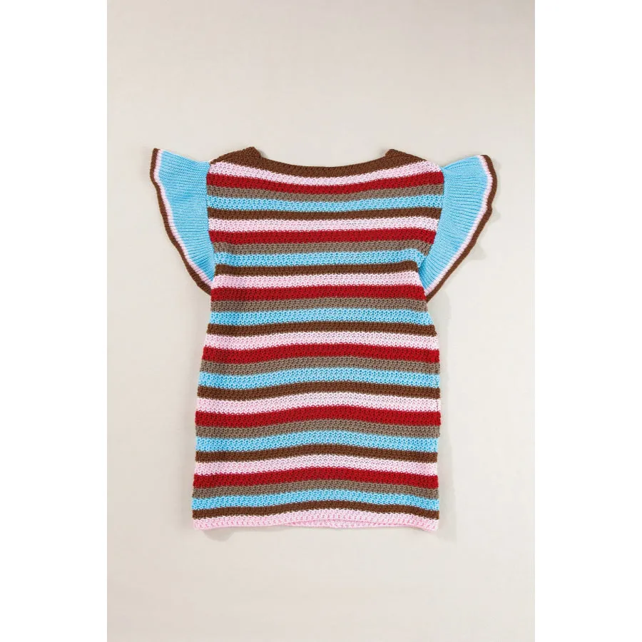 Ruffled Striped V-Neck Cap Sleeve Knit Top