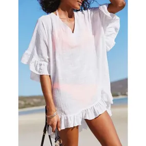 Ruffled V-Neck Half Sleeve Cover Up