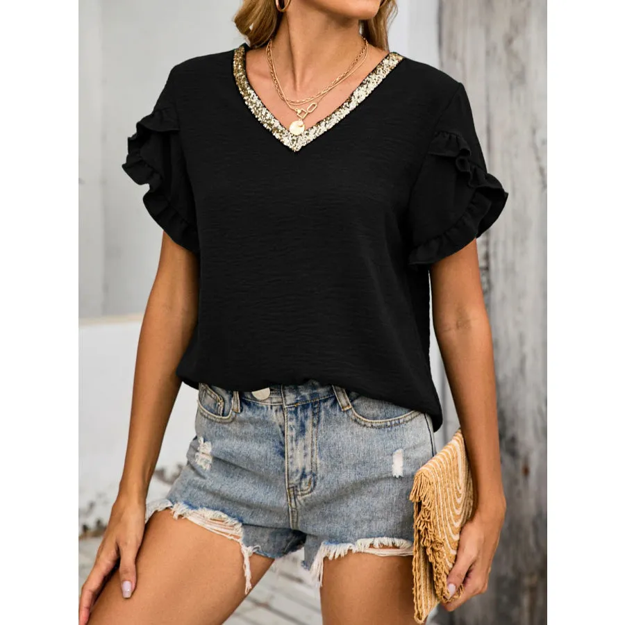 Ruffled V-Neck Short Sleeve Blouse