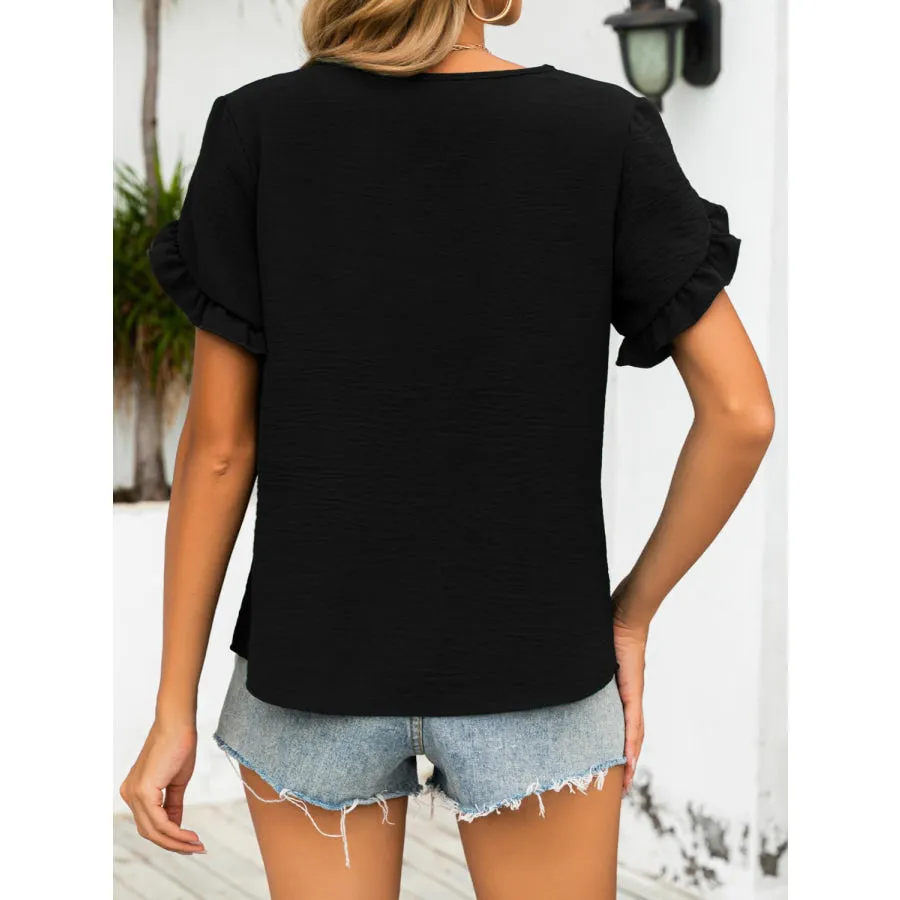 Ruffled V-Neck Short Sleeve Blouse