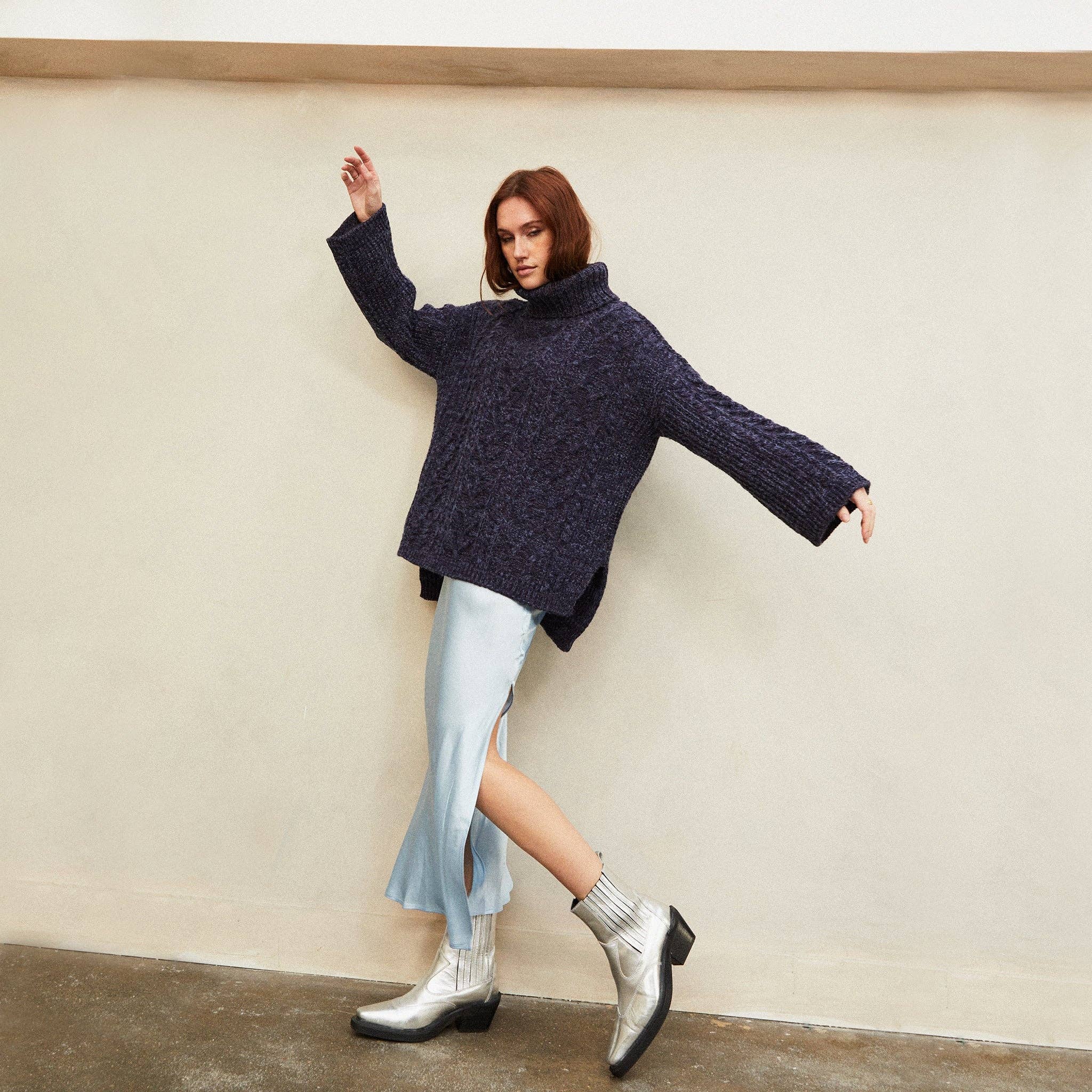 SALE Emily Cable Roll Neck Sweater | Navy