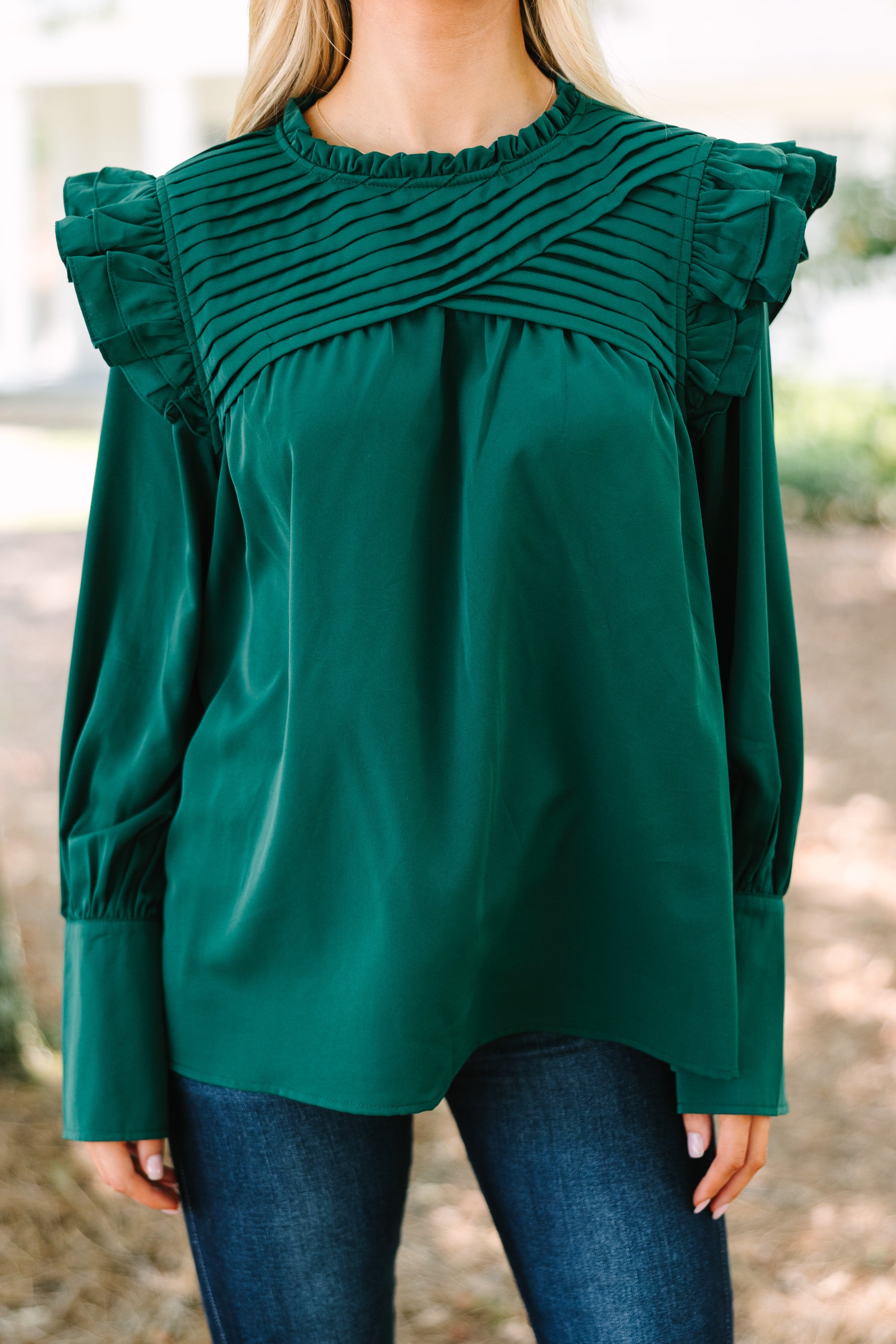 Save Your Applause Emerald Green Ruffled Blouse