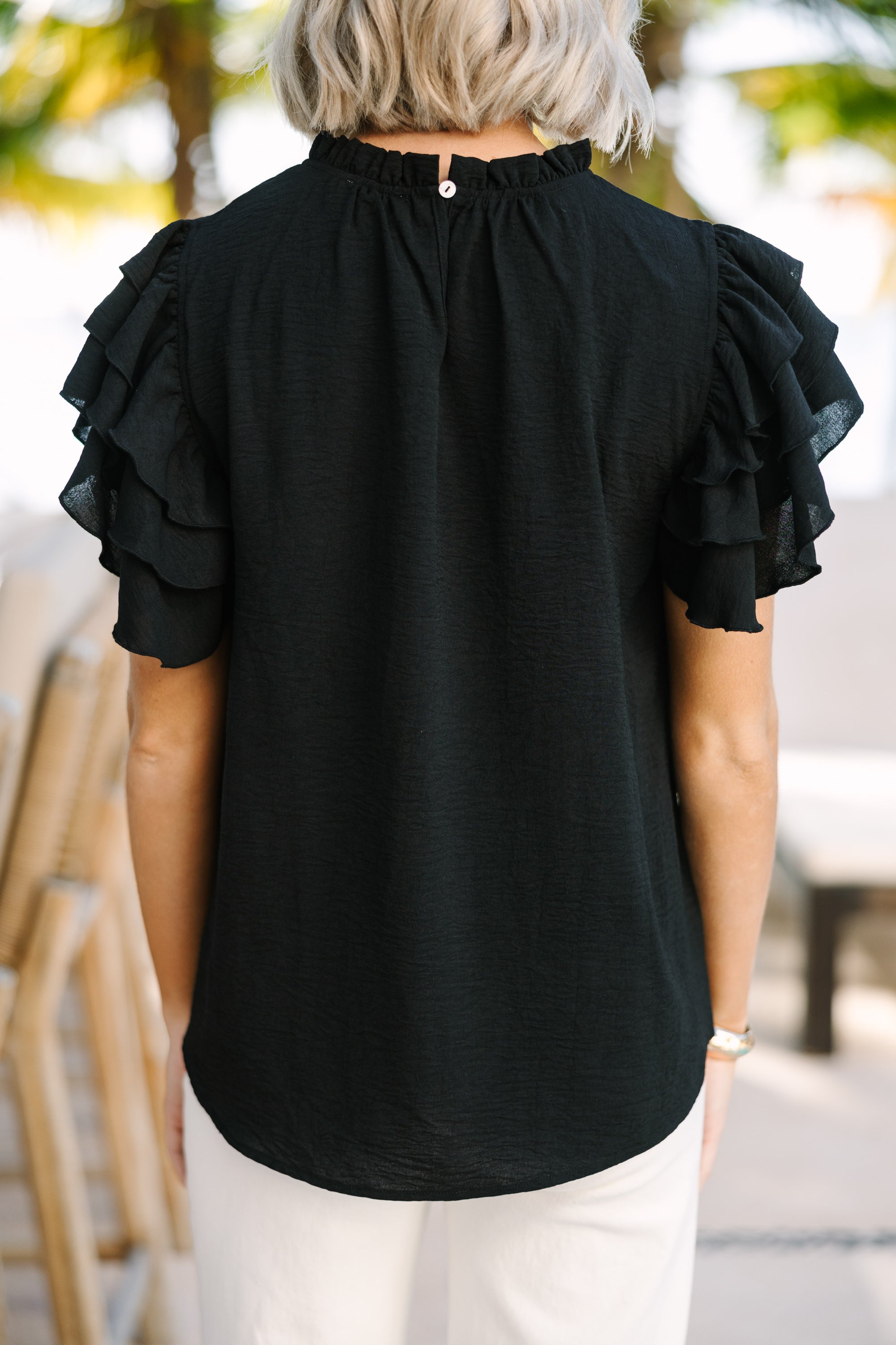 See You Out Black Ruffled Blouse