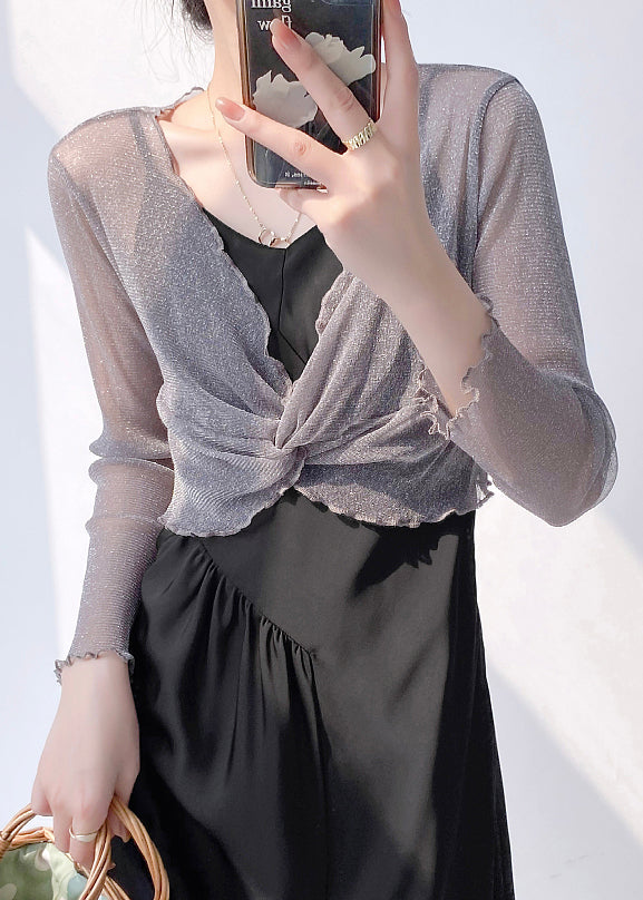 Sexy Grey V Neck Wrinkled Tulle Top Long Sleeve AS1082