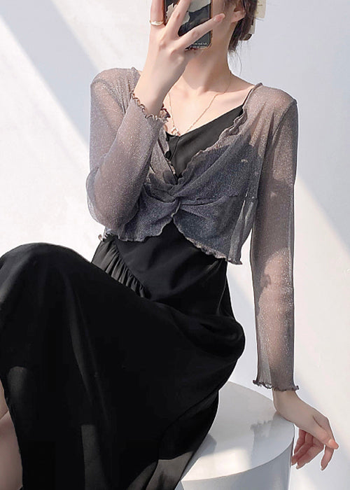 Sexy Grey V Neck Wrinkled Tulle Top Long Sleeve AS1082