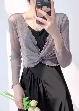 Sexy Grey V Neck Wrinkled Tulle Top Long Sleeve AS1082