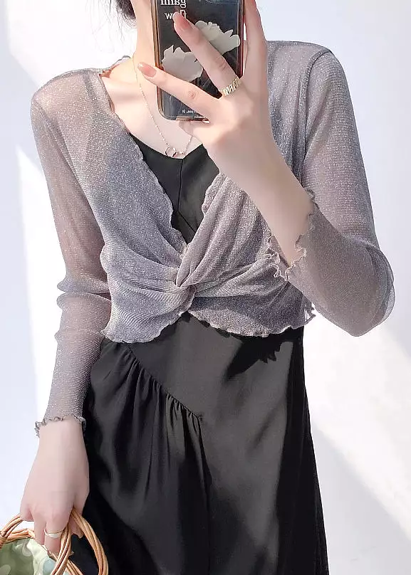 Sexy Grey V Neck Wrinkled Tulle Top Long Sleeve AS1082