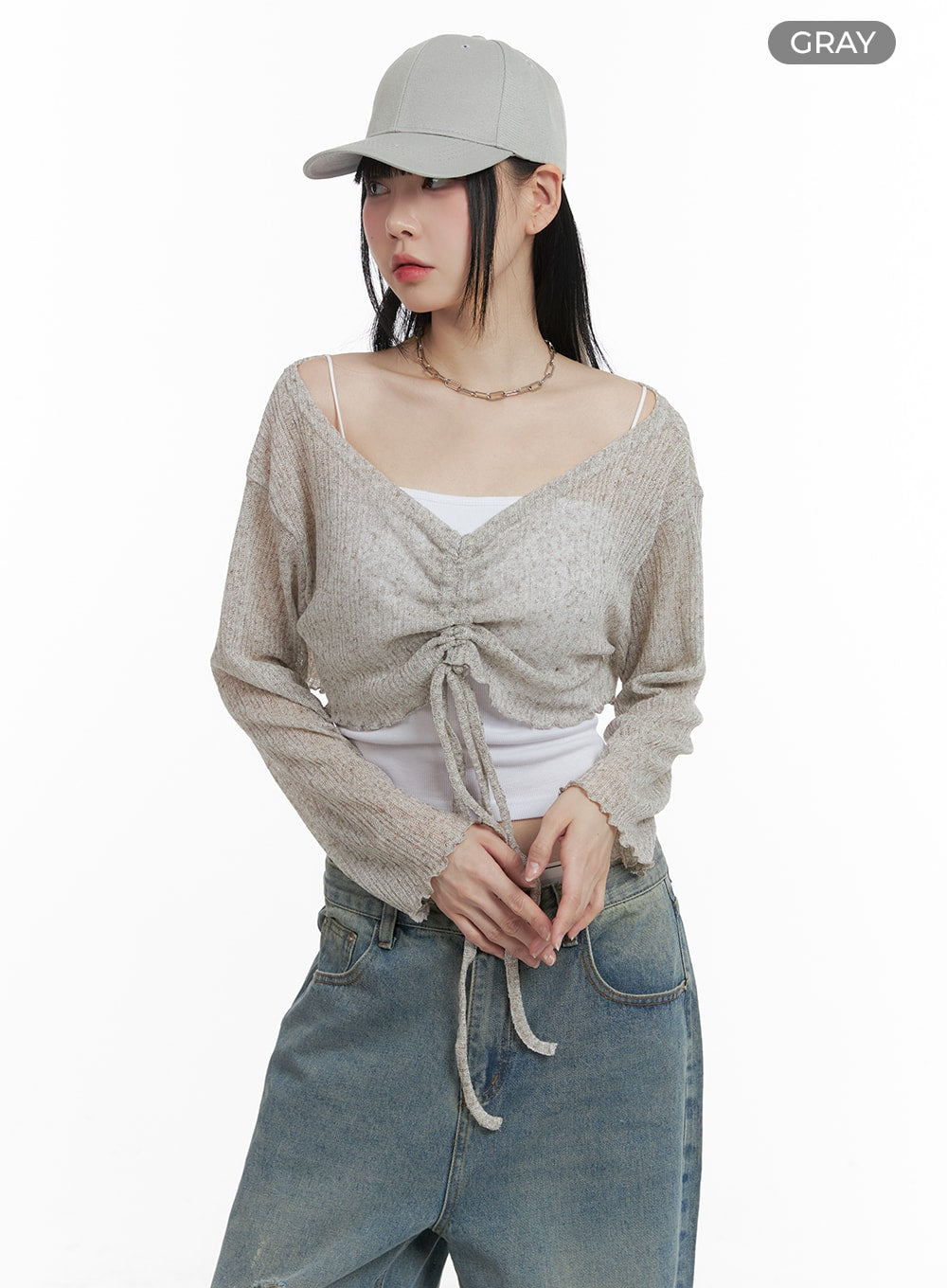 Shirred Drawstring V-Neck Crop Long Sleeve OM426