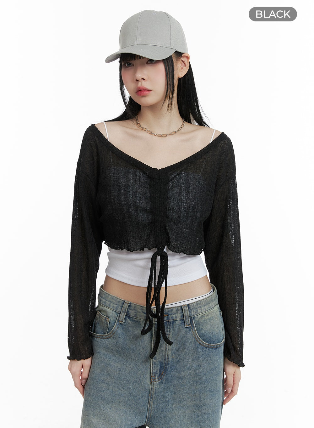 Shirred Drawstring V-Neck Crop Long Sleeve OM426