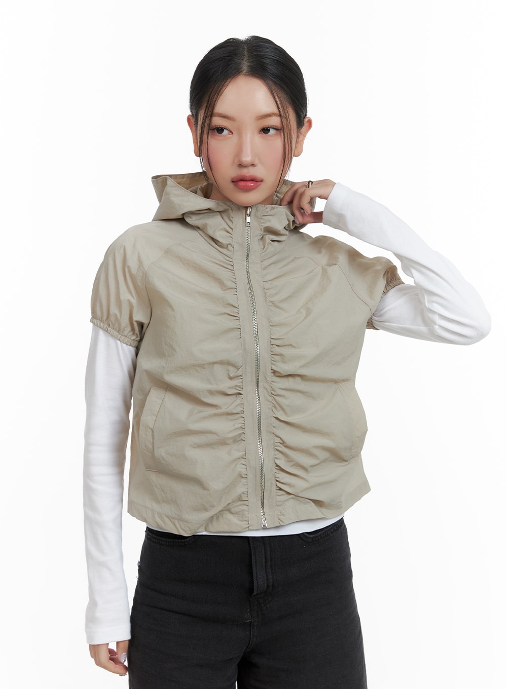 Shirred Hooded Short-Sleeve Nylon Jacket CA415