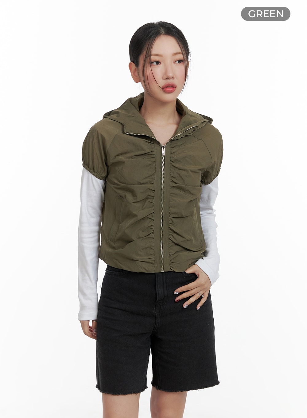 Shirred Hooded Short-Sleeve Nylon Jacket CA415