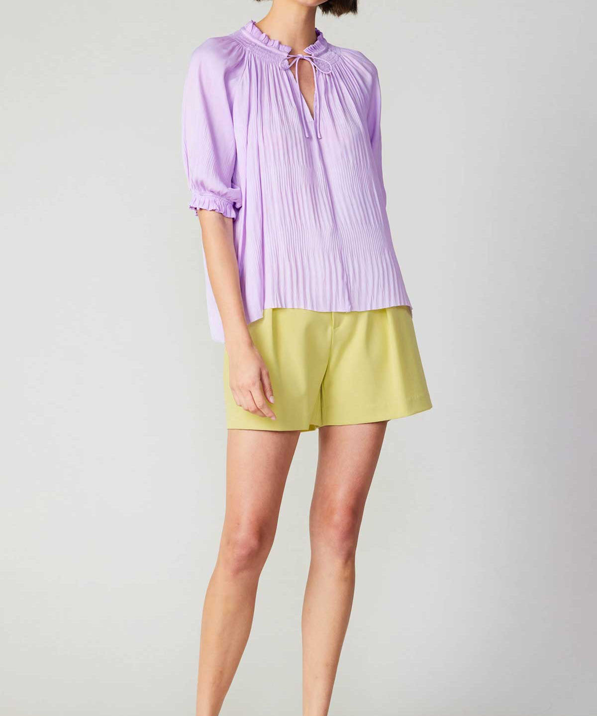 Short Sleeve Tie Front Top - Light Lavender