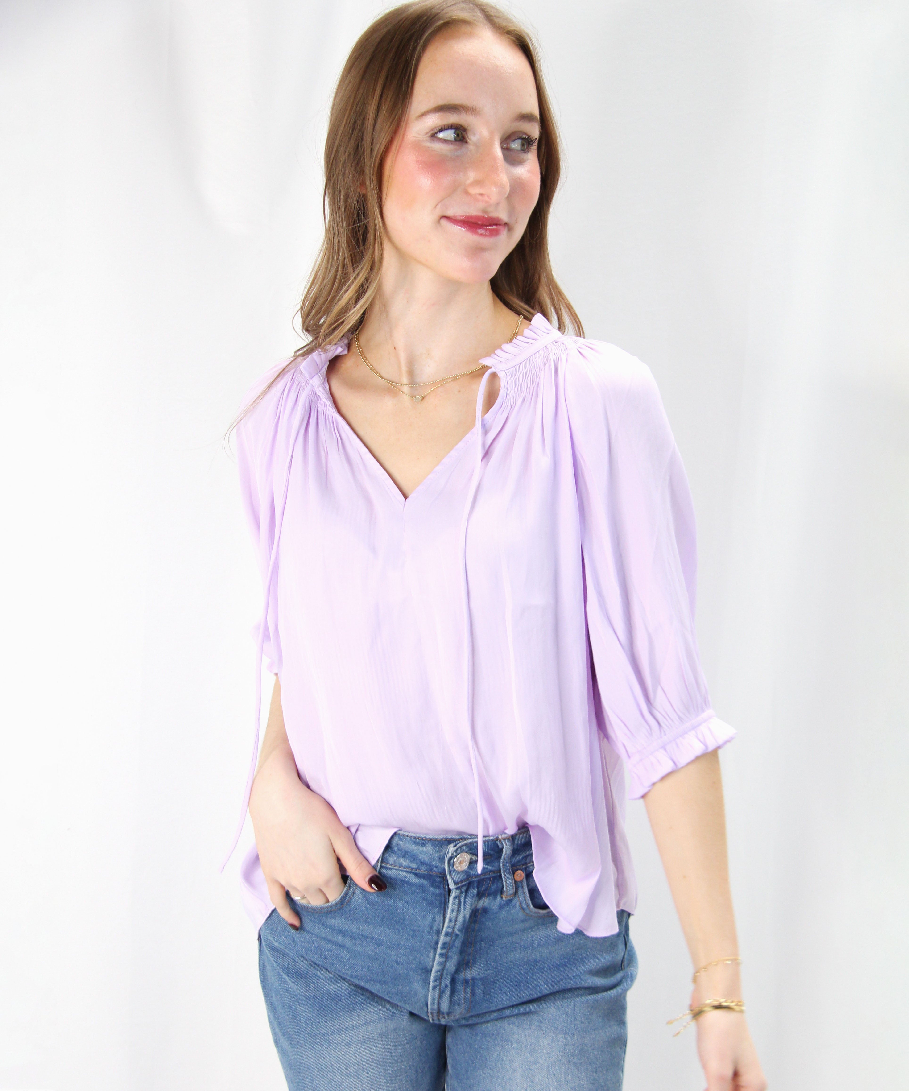 Short Sleeve Tie Front Top - Light Lavender