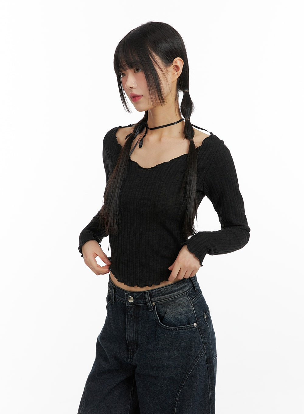 Solid Long Sleeve V-Neck Crop Top CF420