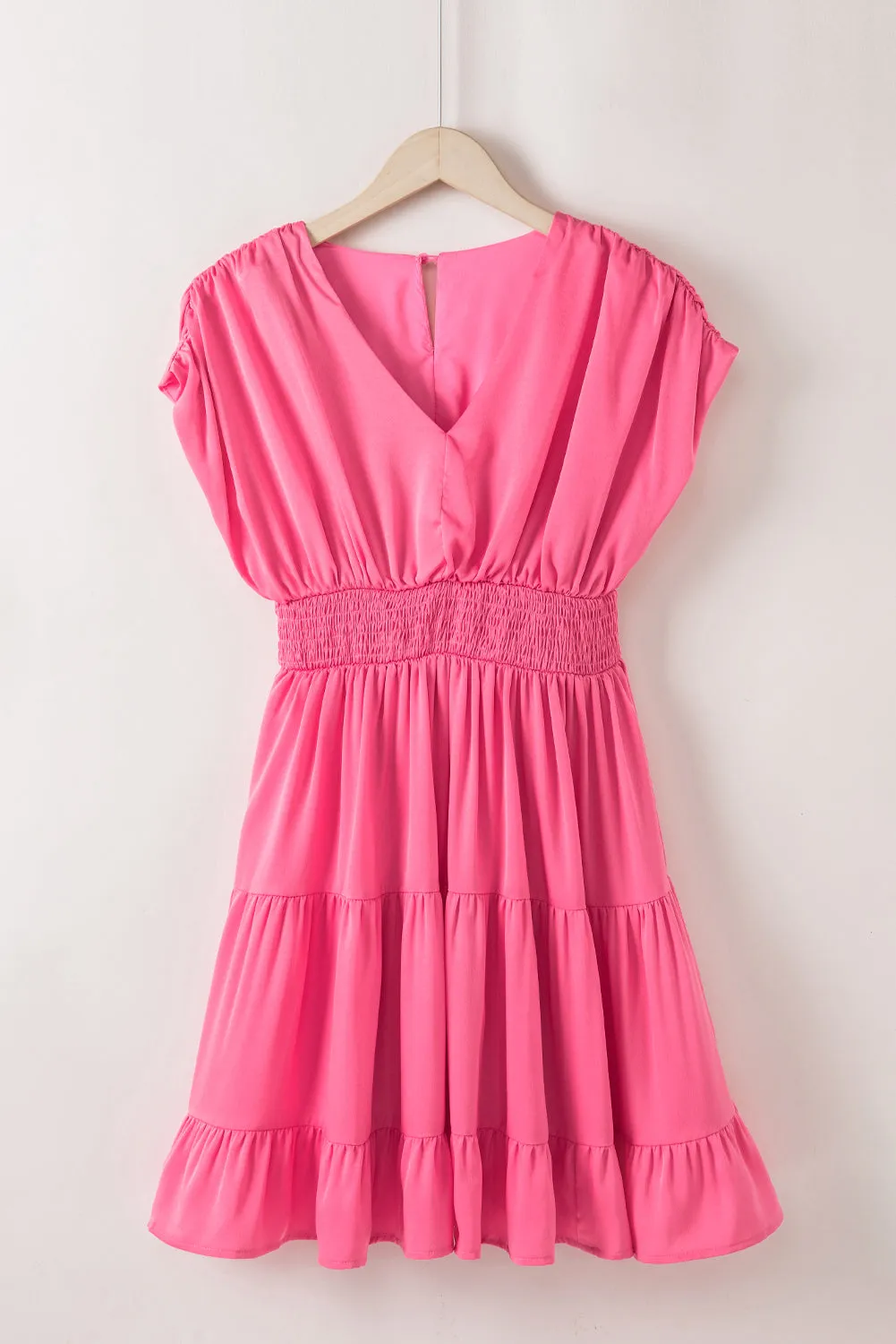 Strawberry Pink Ruched Sleeve V Neck Smock Waist Tiered Ruffled Dress