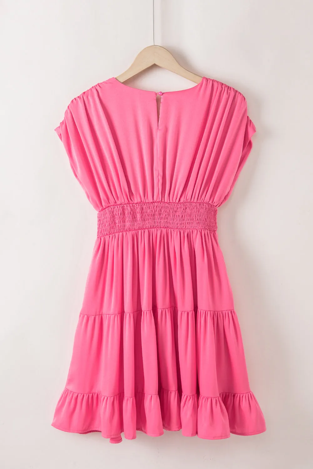 Strawberry Pink Ruched Sleeve V Neck Smock Waist Tiered Ruffled Dress