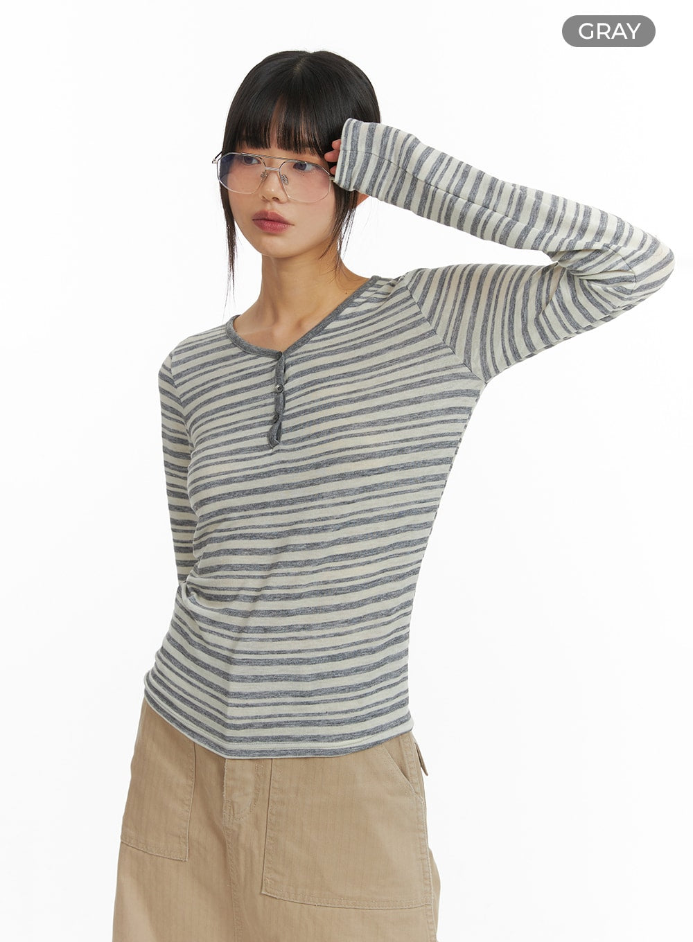 Stripe Buttoned V-Neck Long Sleeve CM413