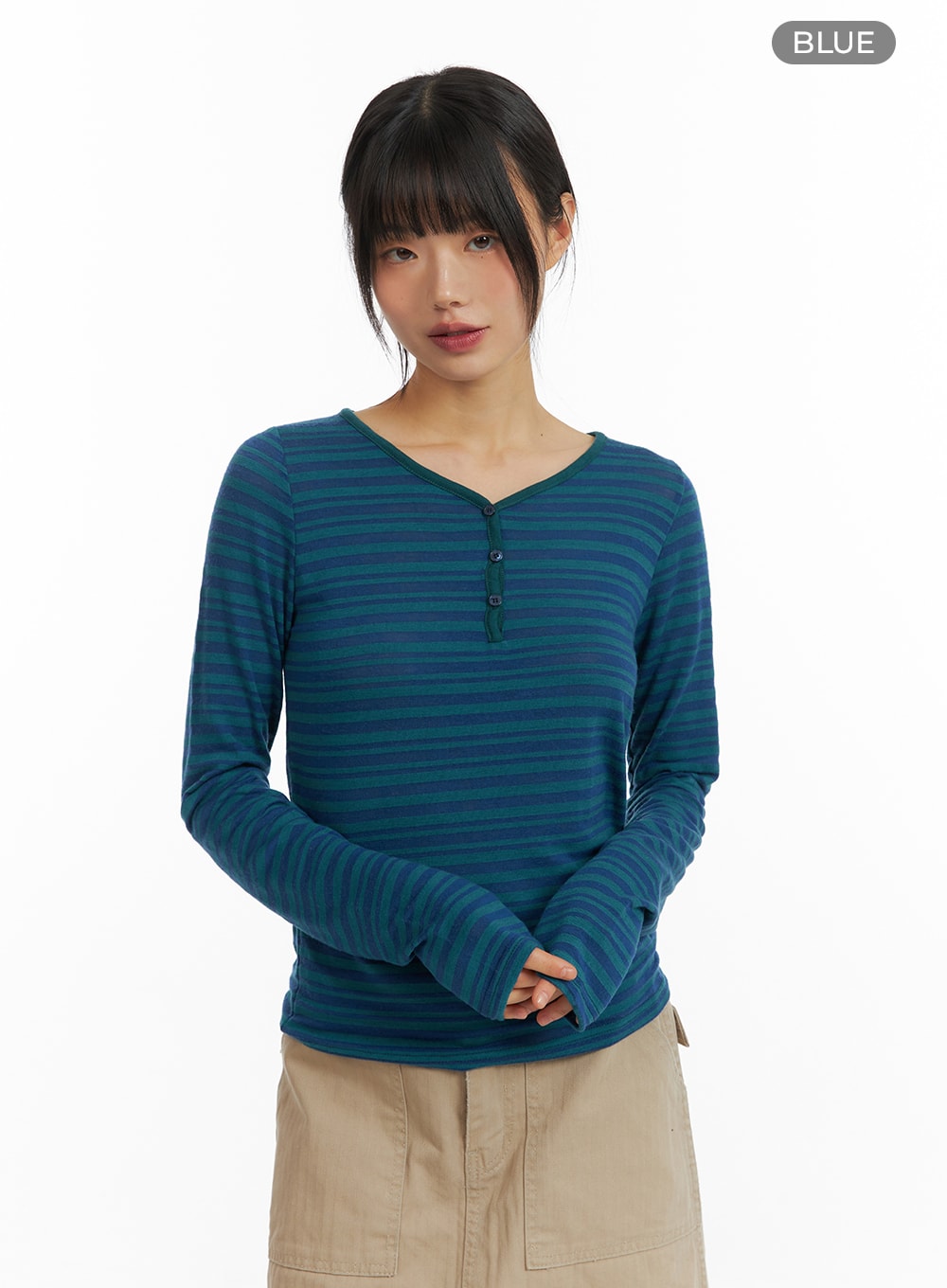 Stripe Buttoned V-Neck Long Sleeve CM413