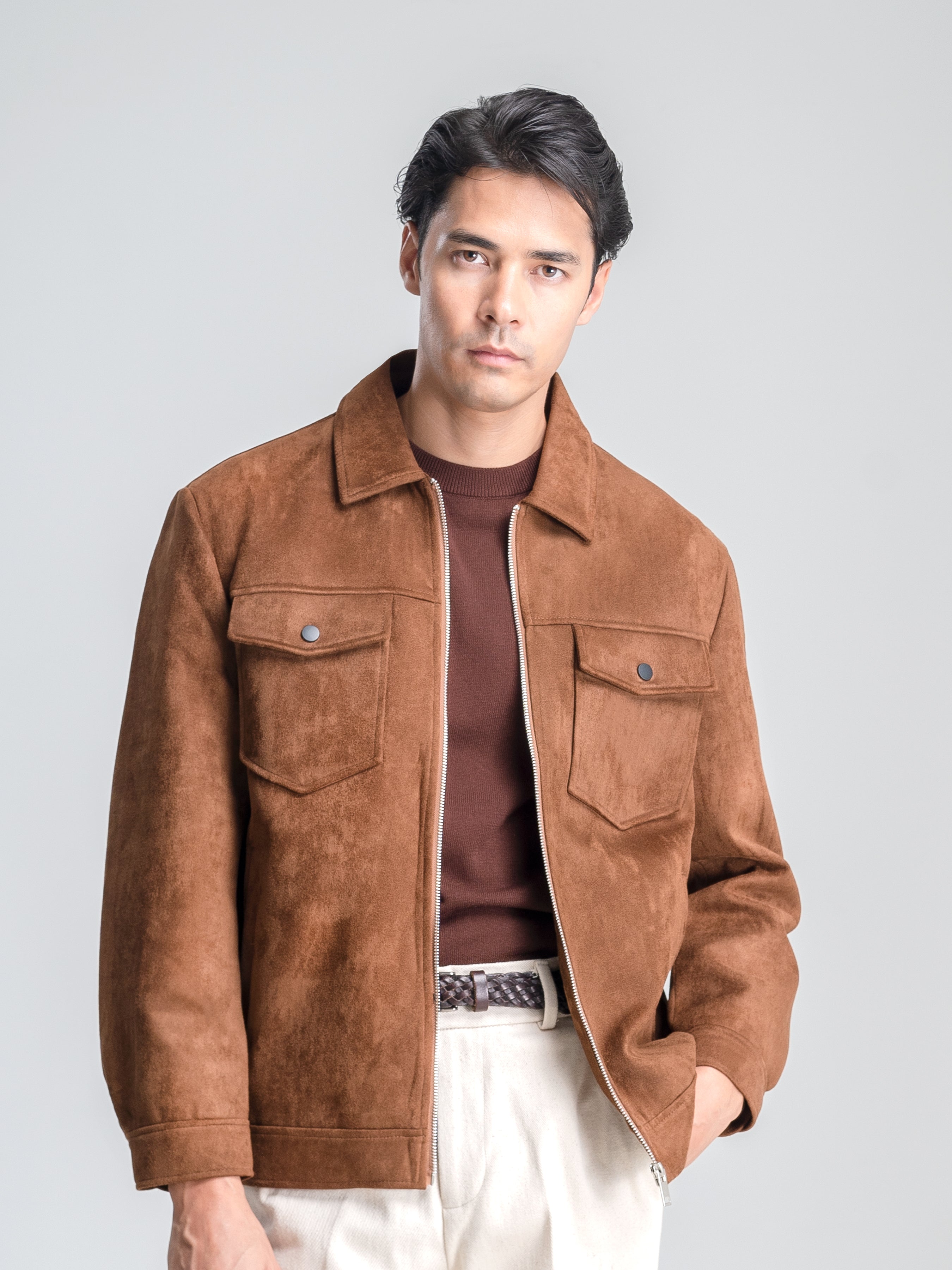 Suede Jacket with Zipper - Brown