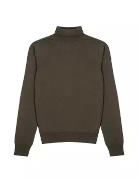 Sunspel Womens Merino Silk Roll Neck Sweater Dark Moss