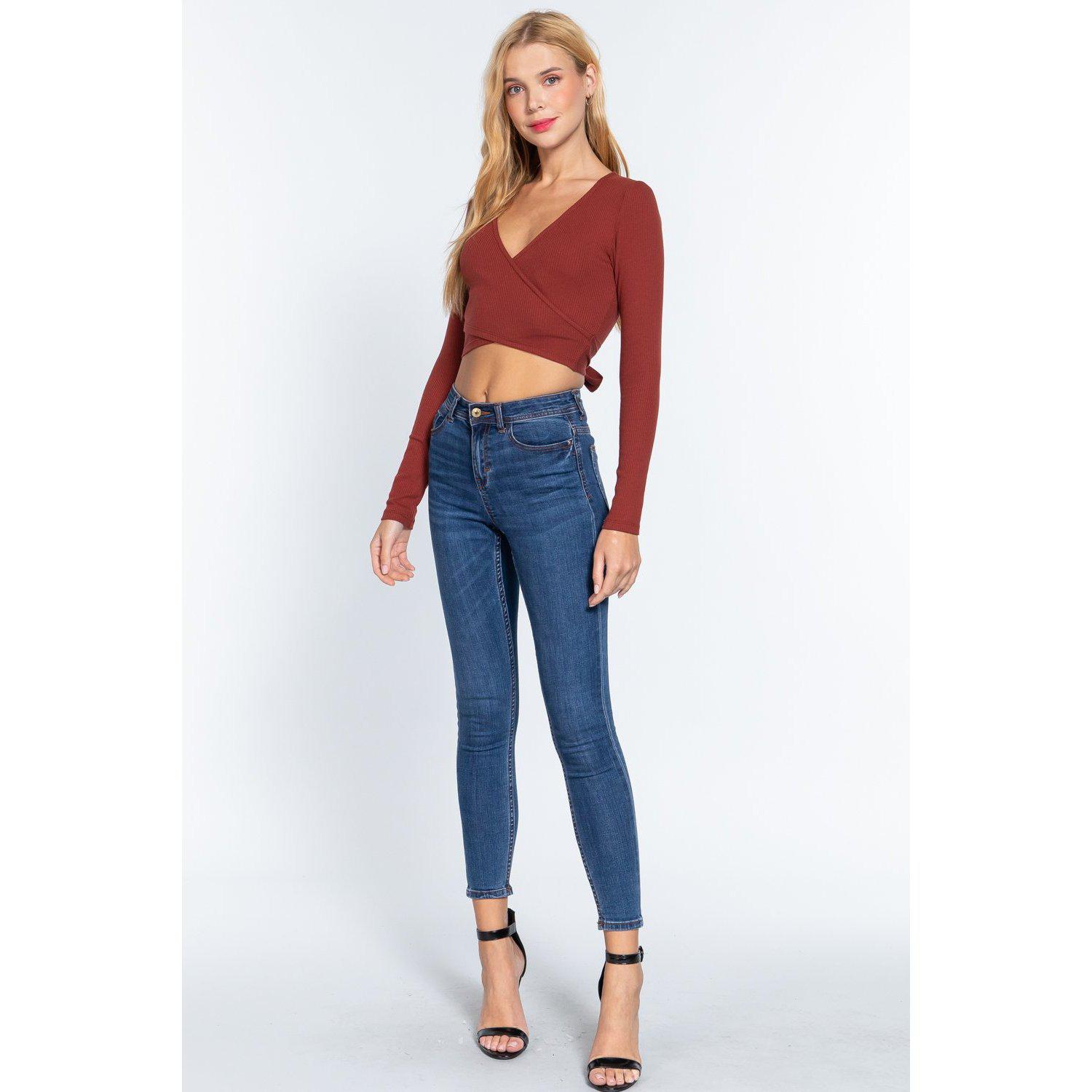 Surplice W/tie Rib Knit Top