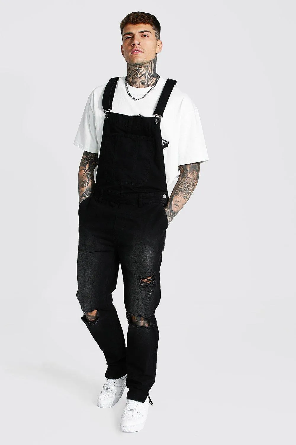 Tapered Stacked Knee Rip Long Overalls