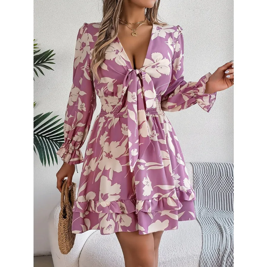 Tied Ruffled Printed Long Sleeve Dress