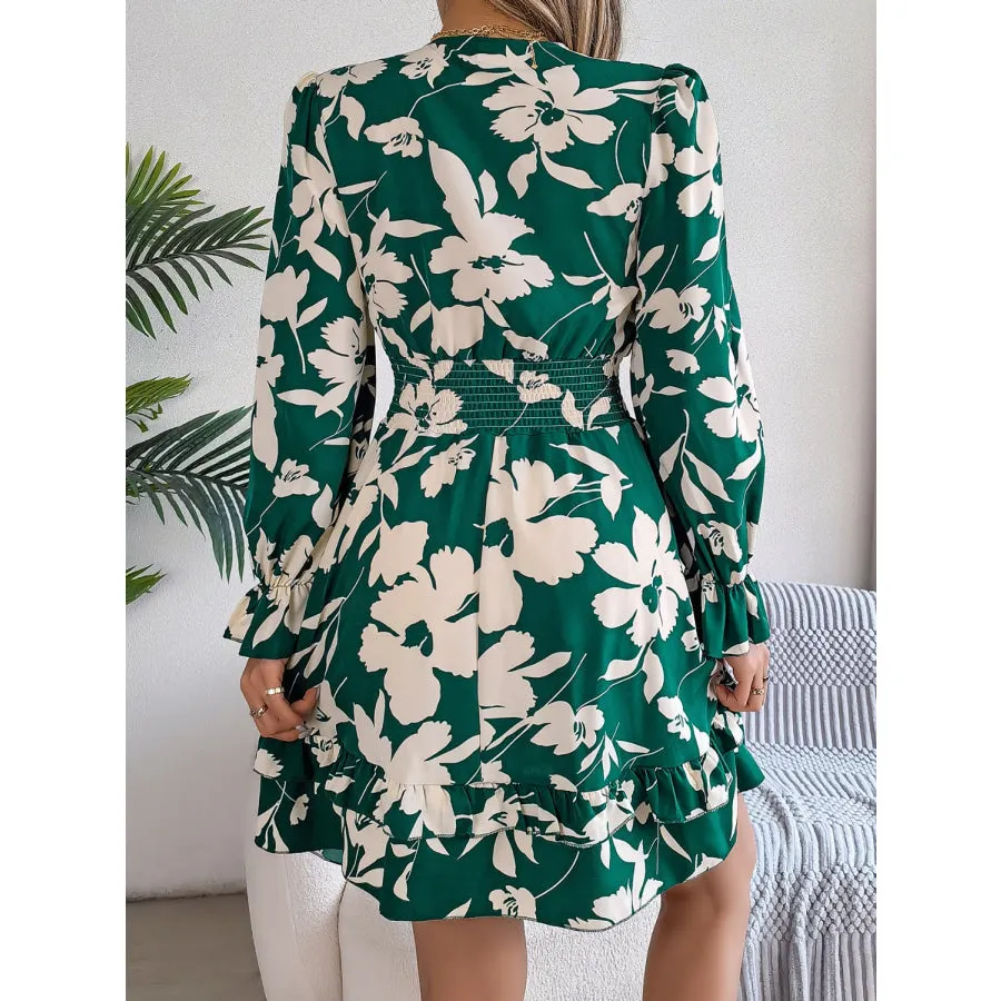 Tied Ruffled Printed Long Sleeve Dress