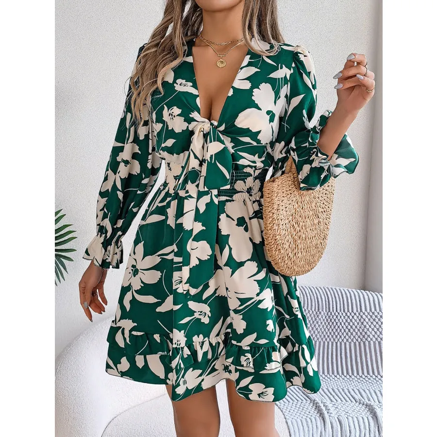 Tied Ruffled Printed Long Sleeve Dress