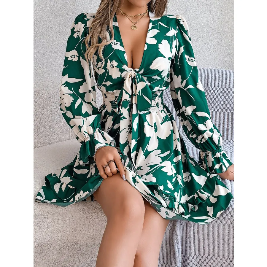 Tied Ruffled Printed Long Sleeve Dress