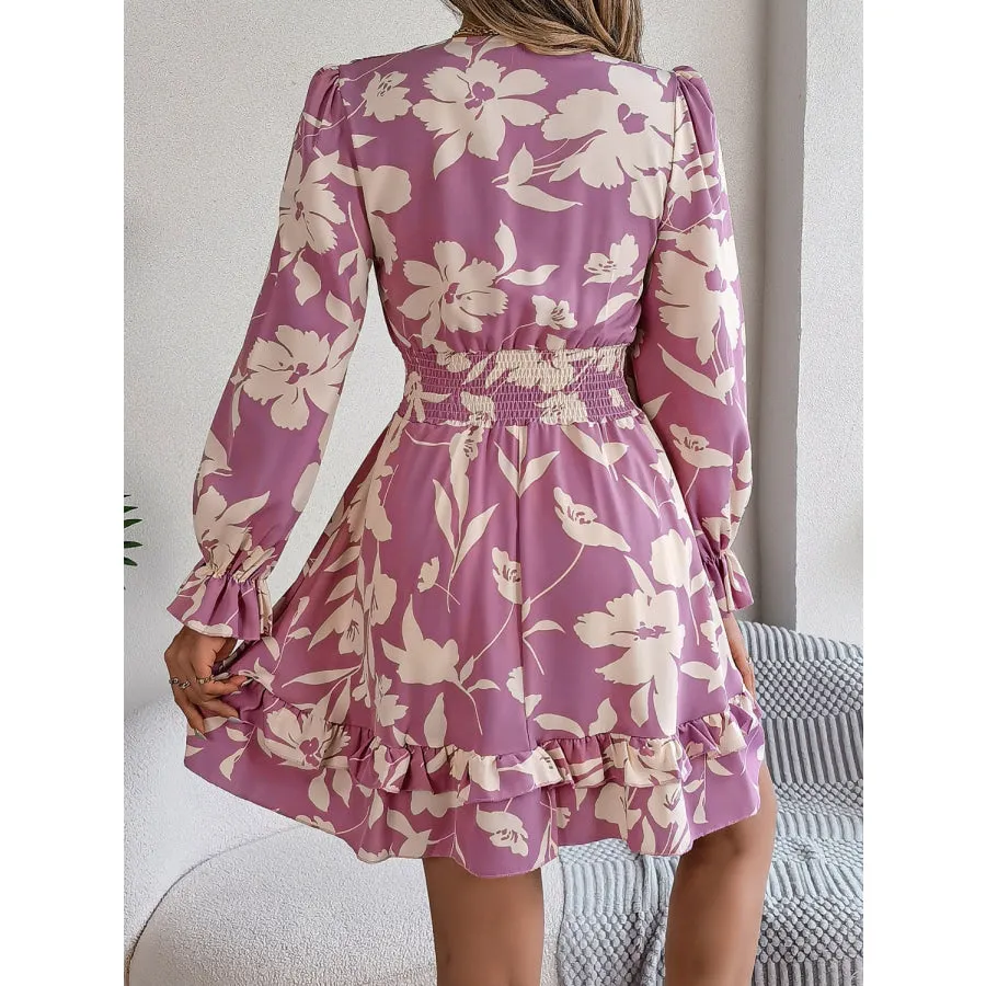 Tied Ruffled Printed Long Sleeve Dress