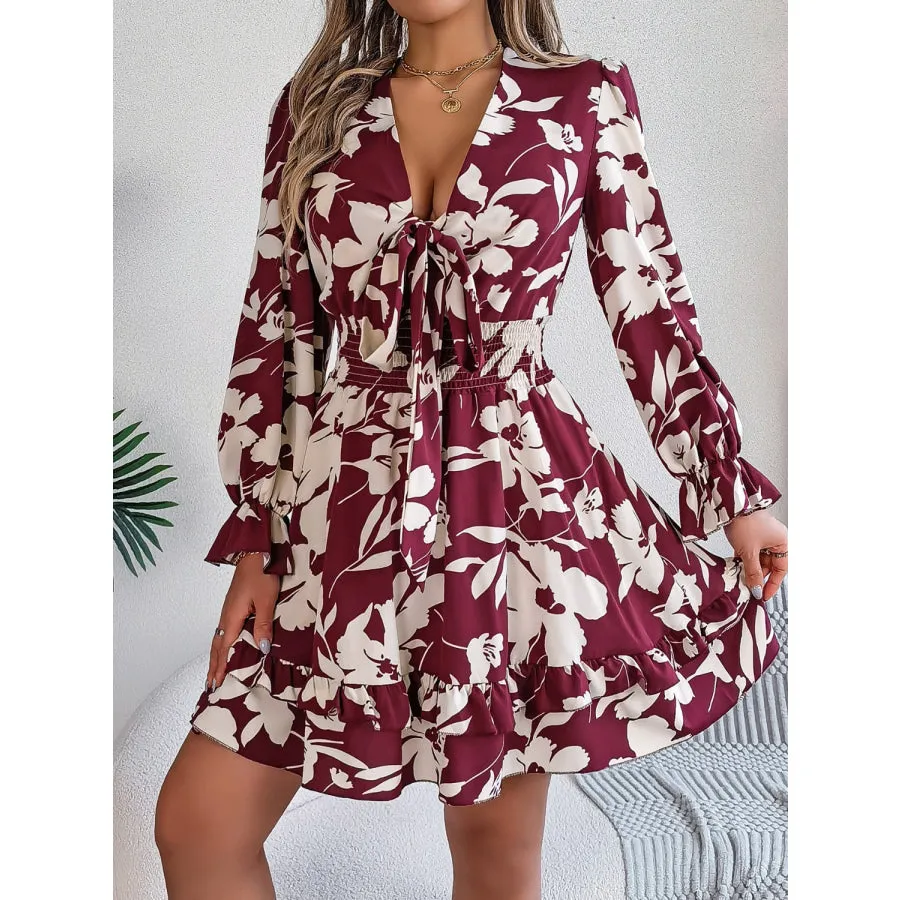 Tied Ruffled Printed Long Sleeve Dress