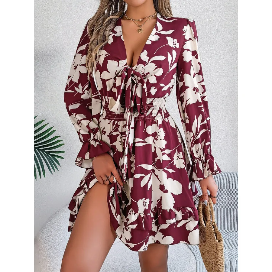 Tied Ruffled Printed Long Sleeve Dress