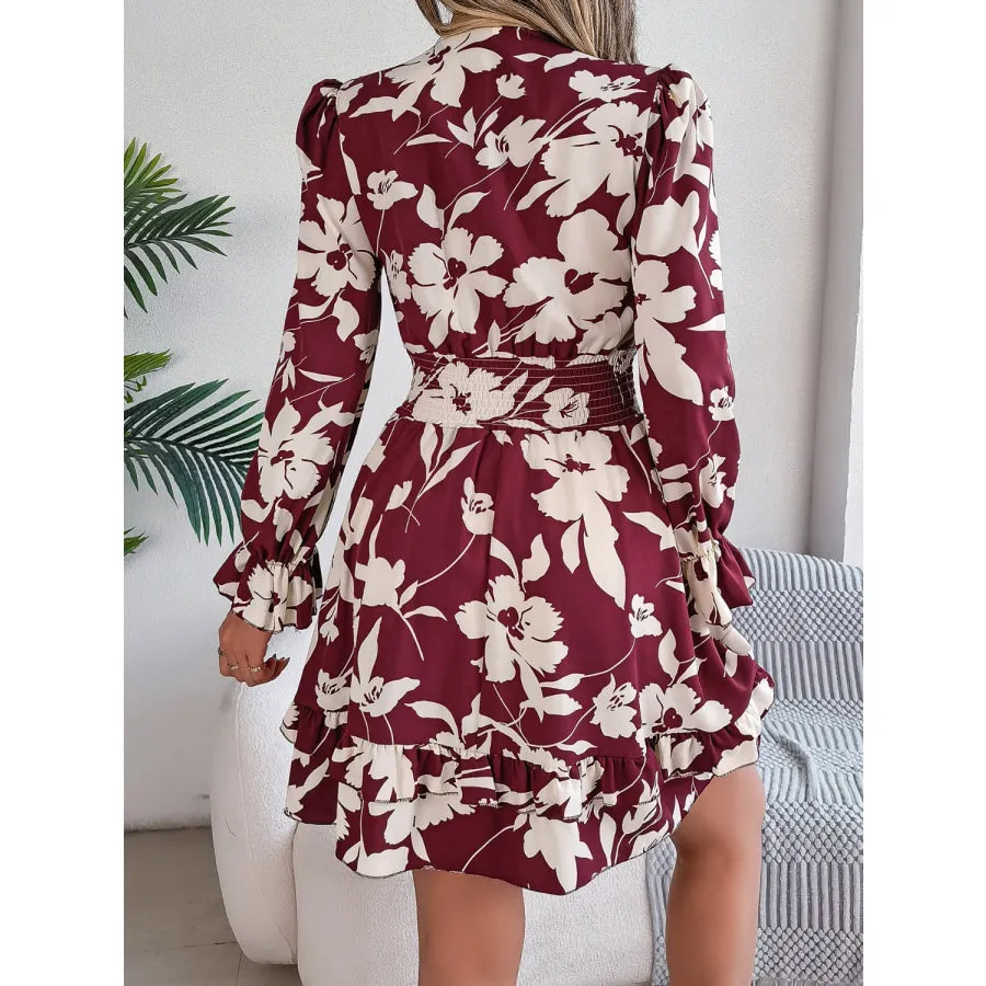 Tied Ruffled Printed Long Sleeve Dress