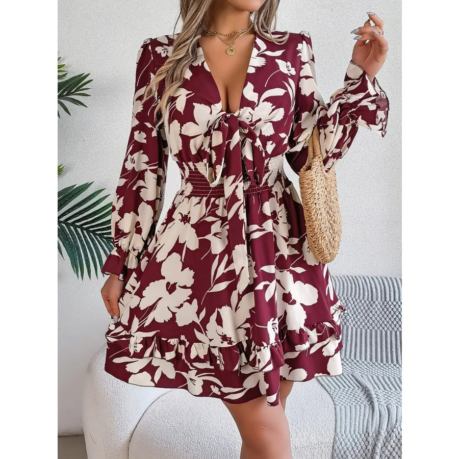 Tied Ruffled Printed Long Sleeve Dress