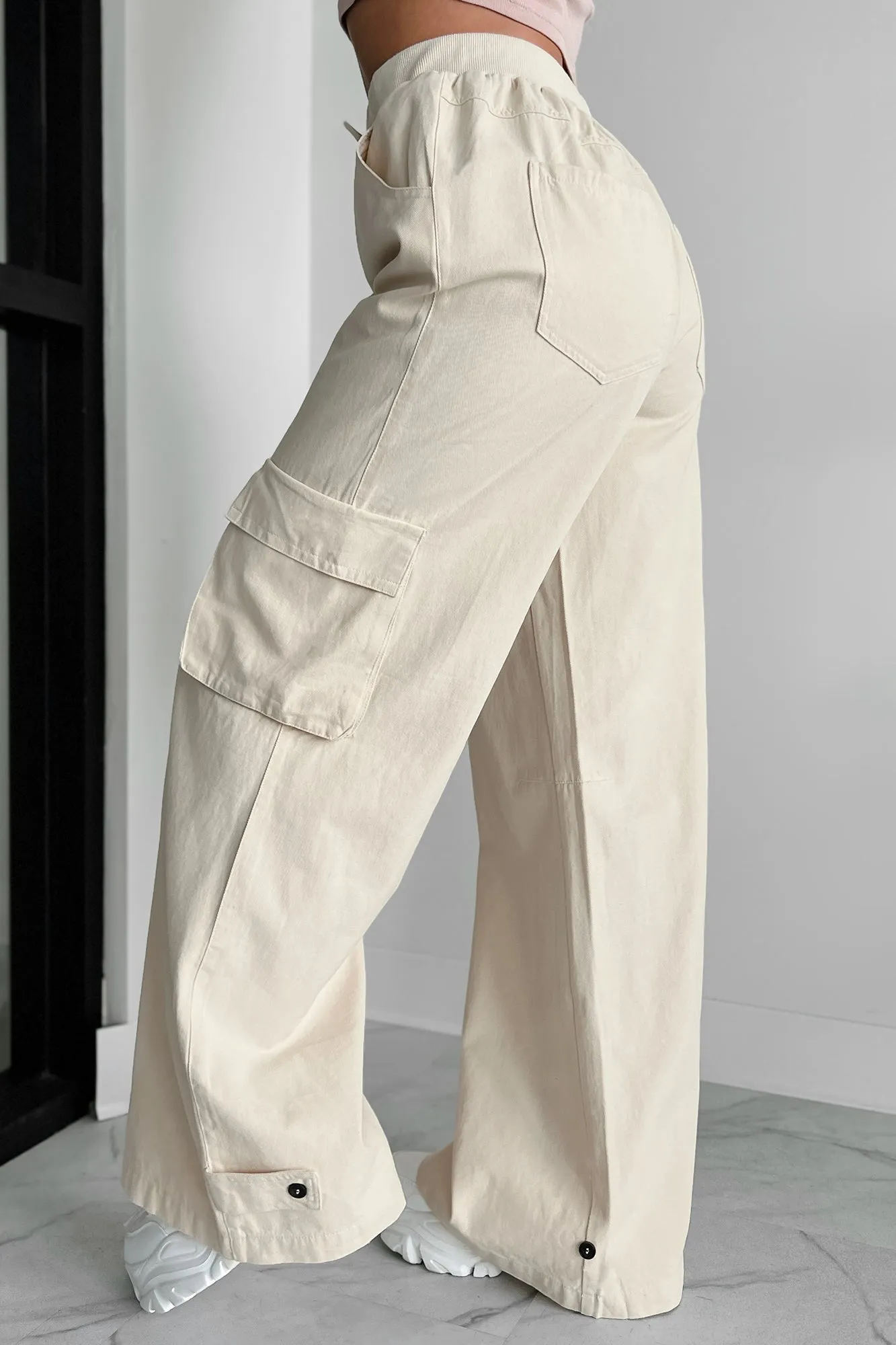 Time Catches Up Wide Leg Cargo Pants (Beige)