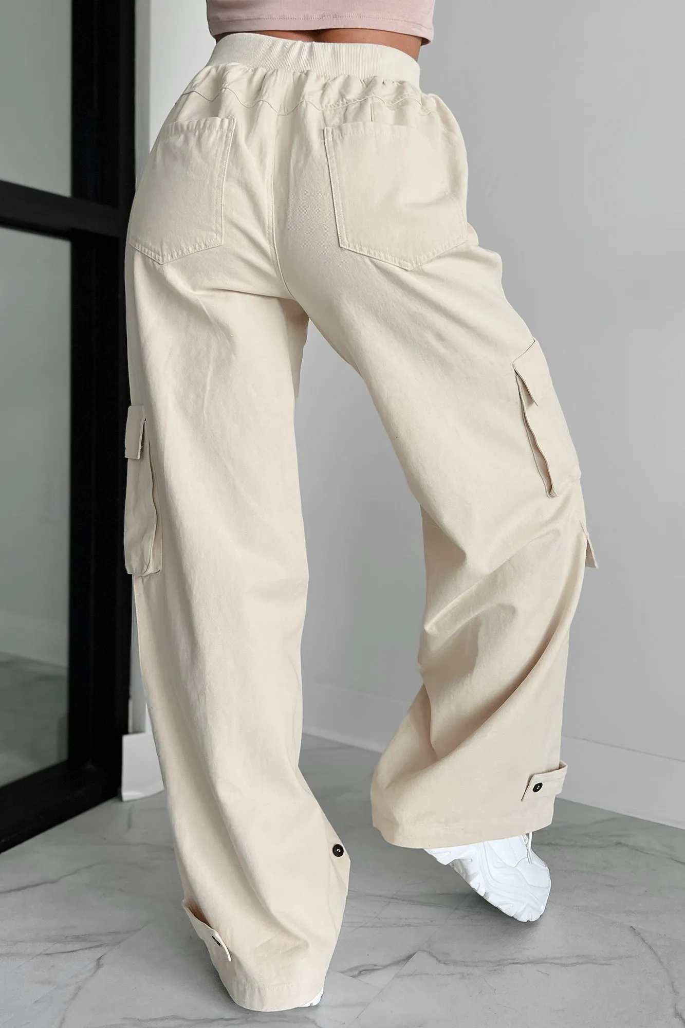 Time Catches Up Wide Leg Cargo Pants (Beige)