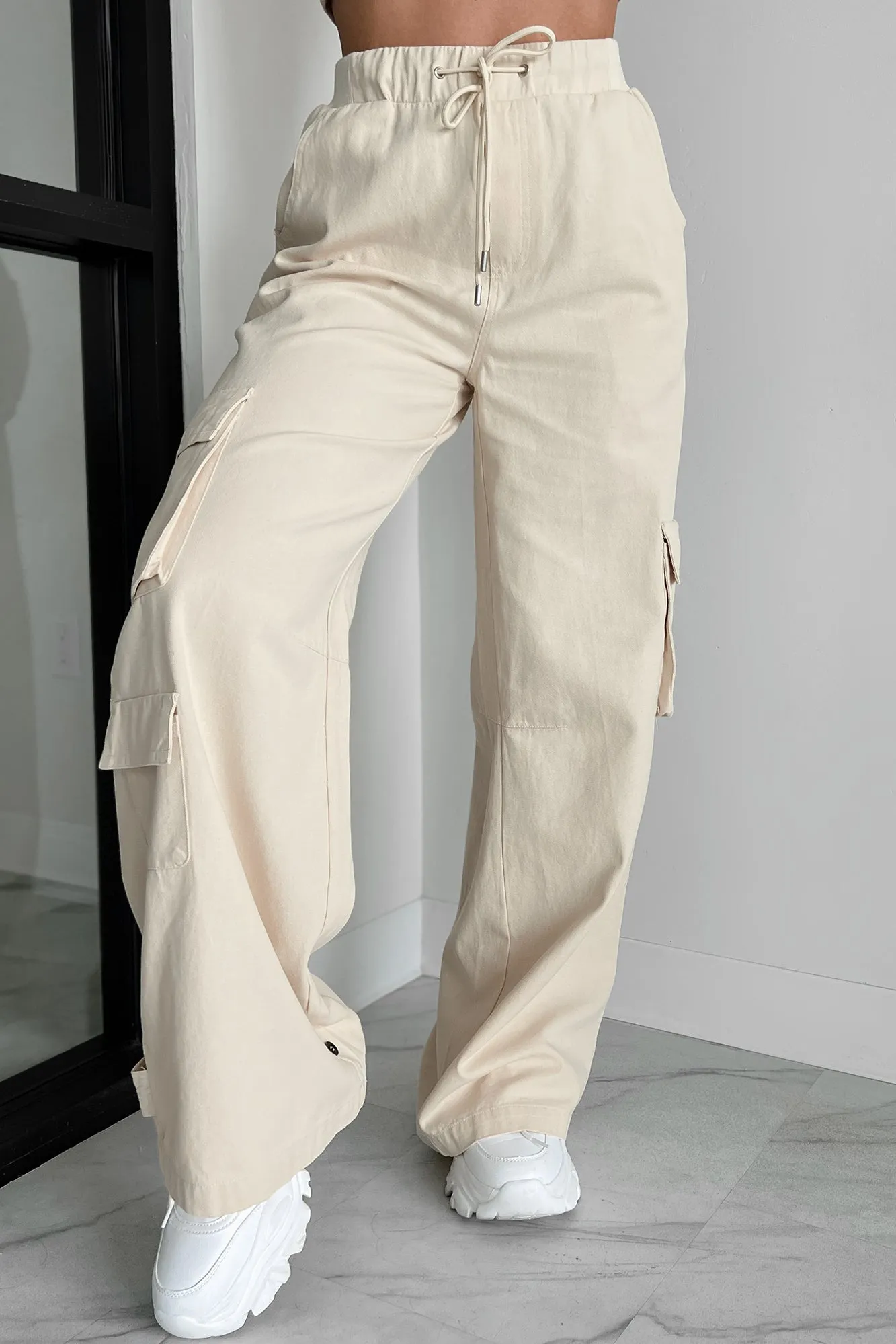 Time Catches Up Wide Leg Cargo Pants (Beige)