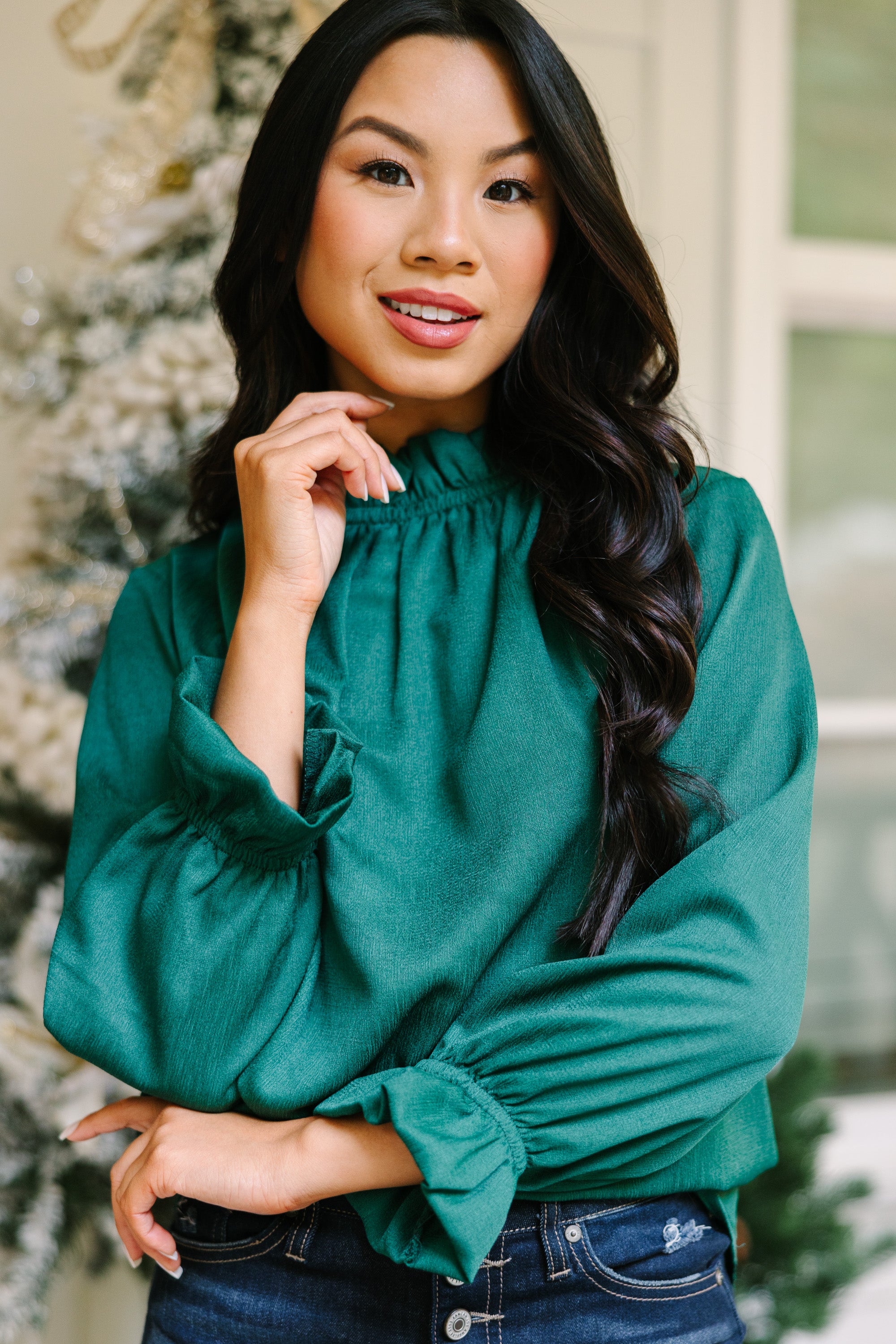 Tried and True Emerald Green Ruffled Blouse