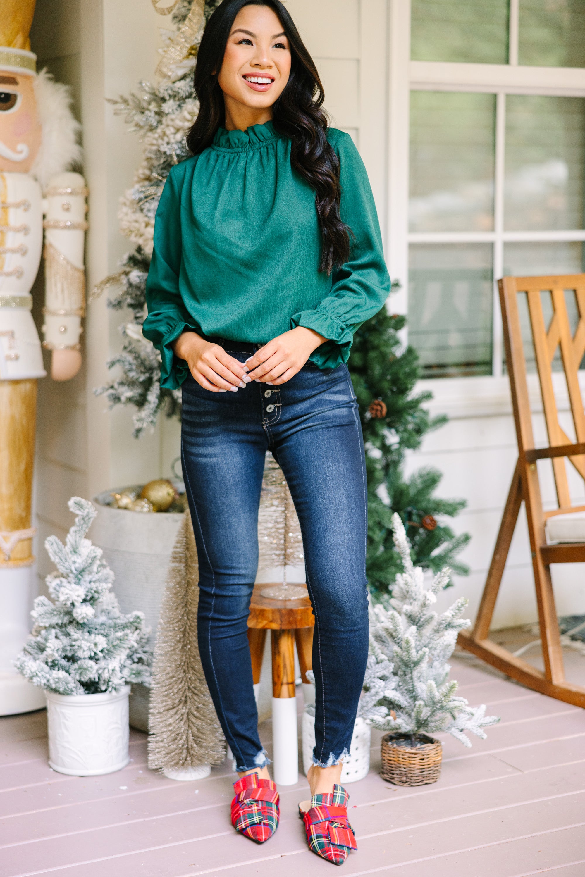 Tried and True Emerald Green Ruffled Blouse