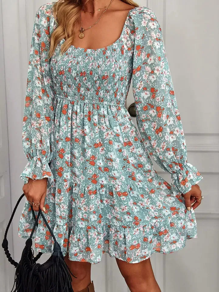 V-Neck Long Sleeve Floral Print Dress