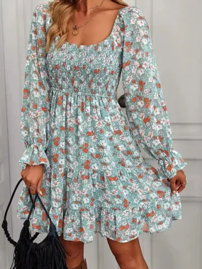 V-Neck Long Sleeve Floral Print Dress