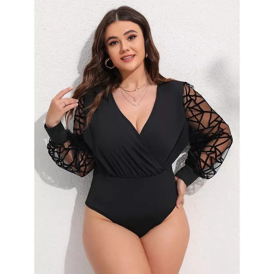 V-Neck Mesh Long Sleeve Bodysuit