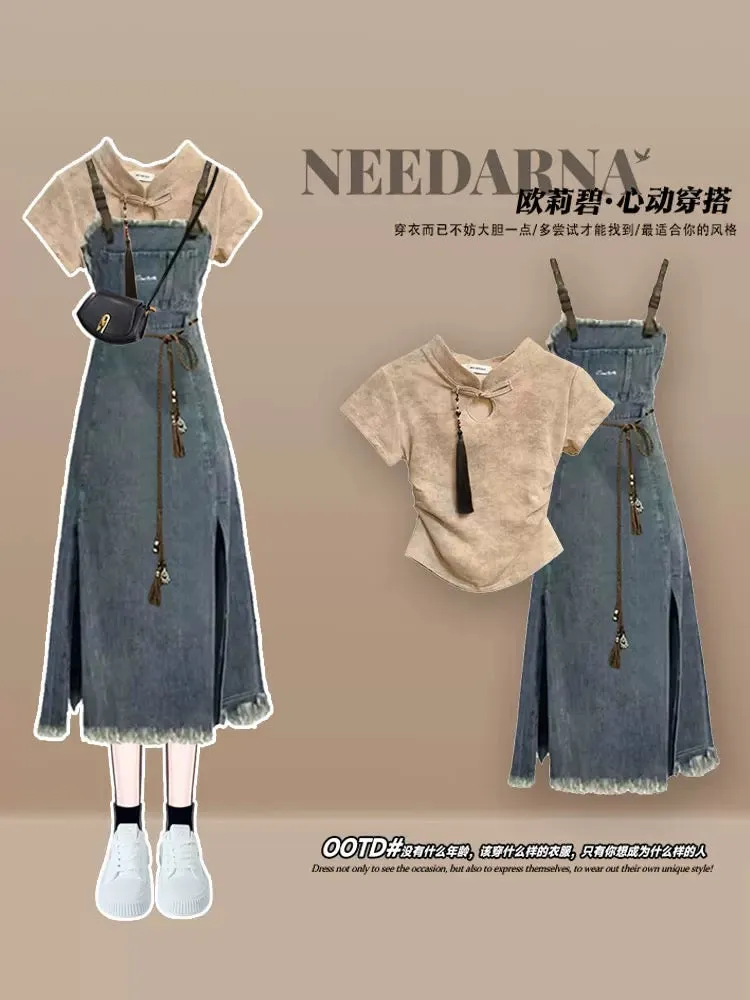 Vacation wear denim dress summer wear with a complete set of pear-shaped overalls skirt new Chinese style women's clothing