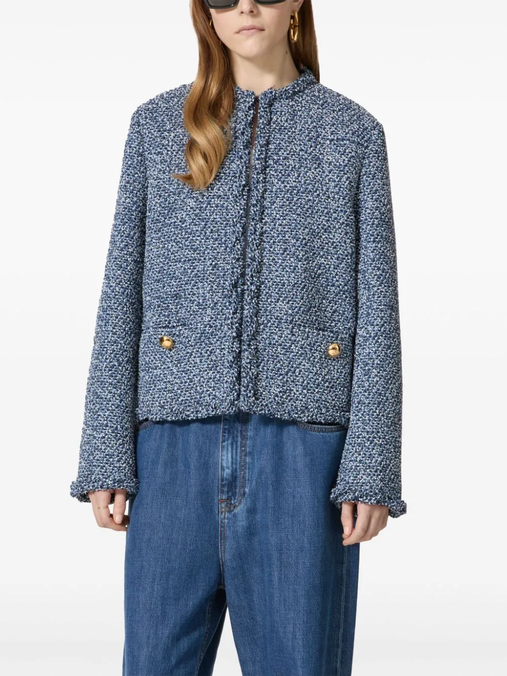 VALENTINO Indigo Blue Tweed Jacket with Gold-Tone Accents