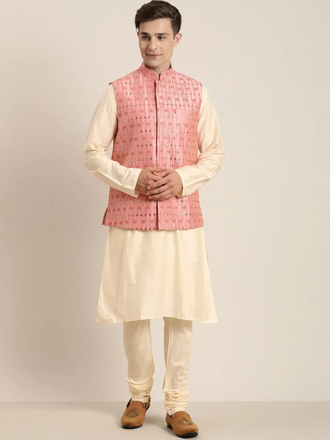 Vastramay Men's Beige Mirror Work Kurta with Churidar With Ethnic Jacket