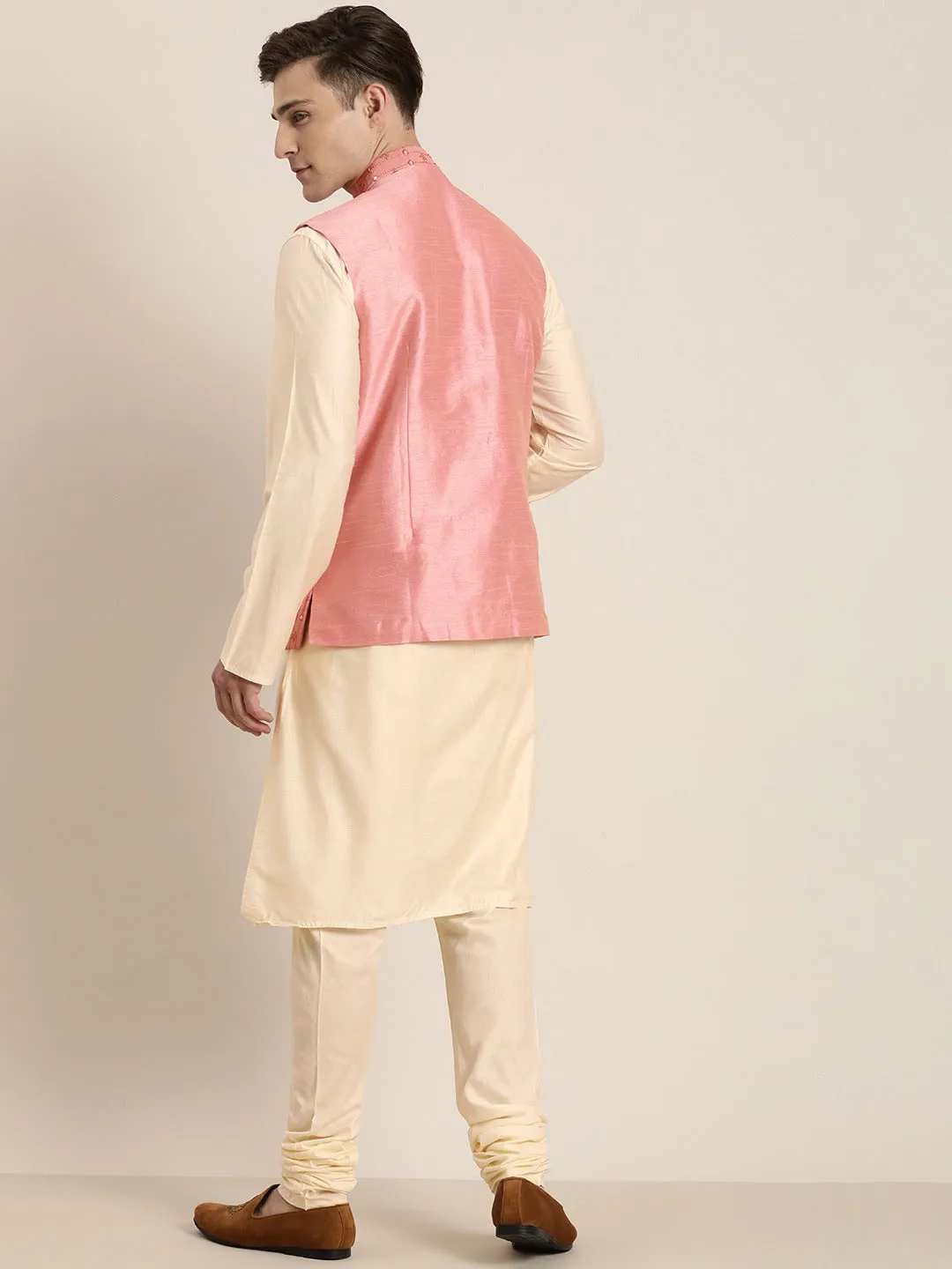 Vastramay Men's Beige Mirror Work Kurta with Churidar With Ethnic Jacket